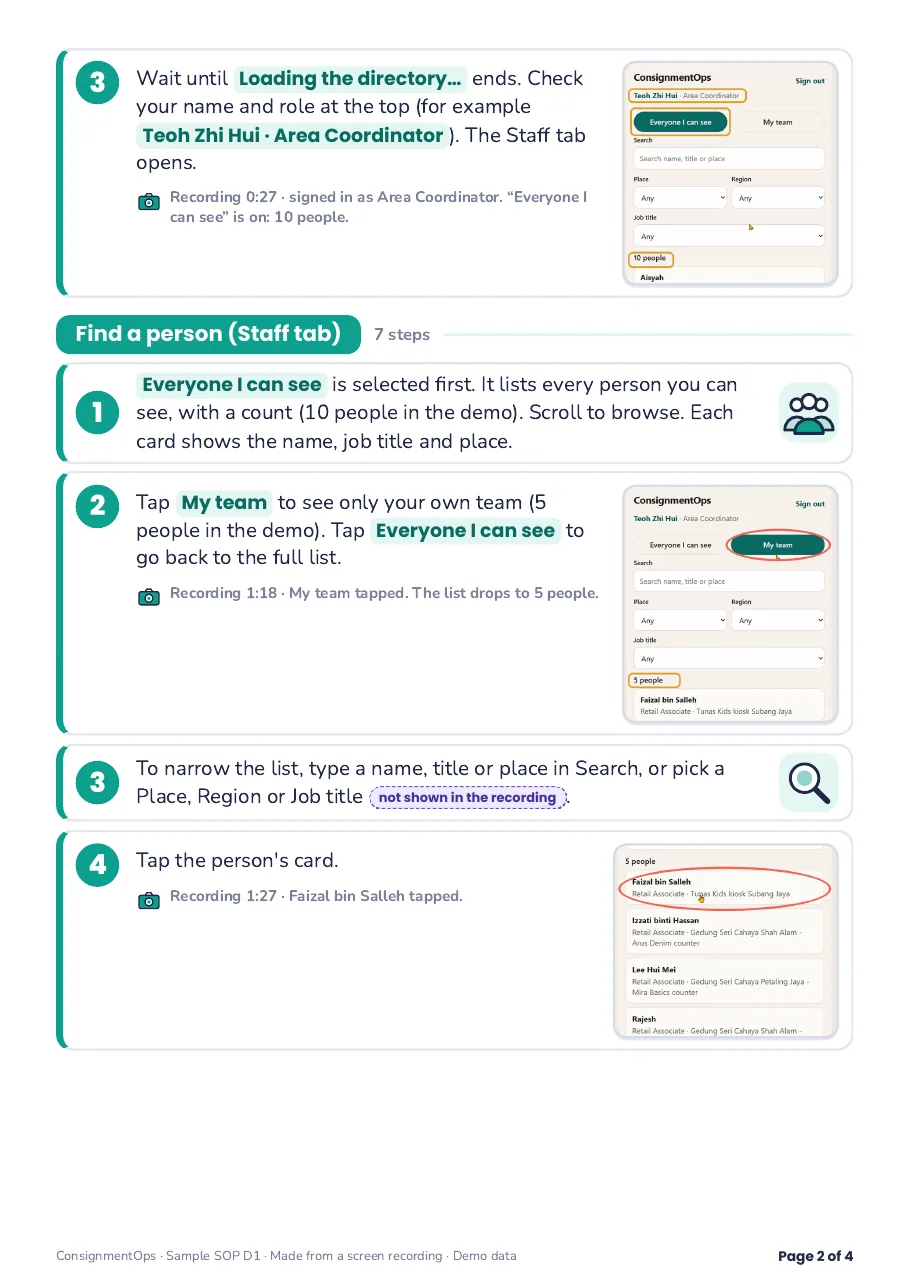 Sample SOP page 2: numbered steps with marked screenshots from the recording