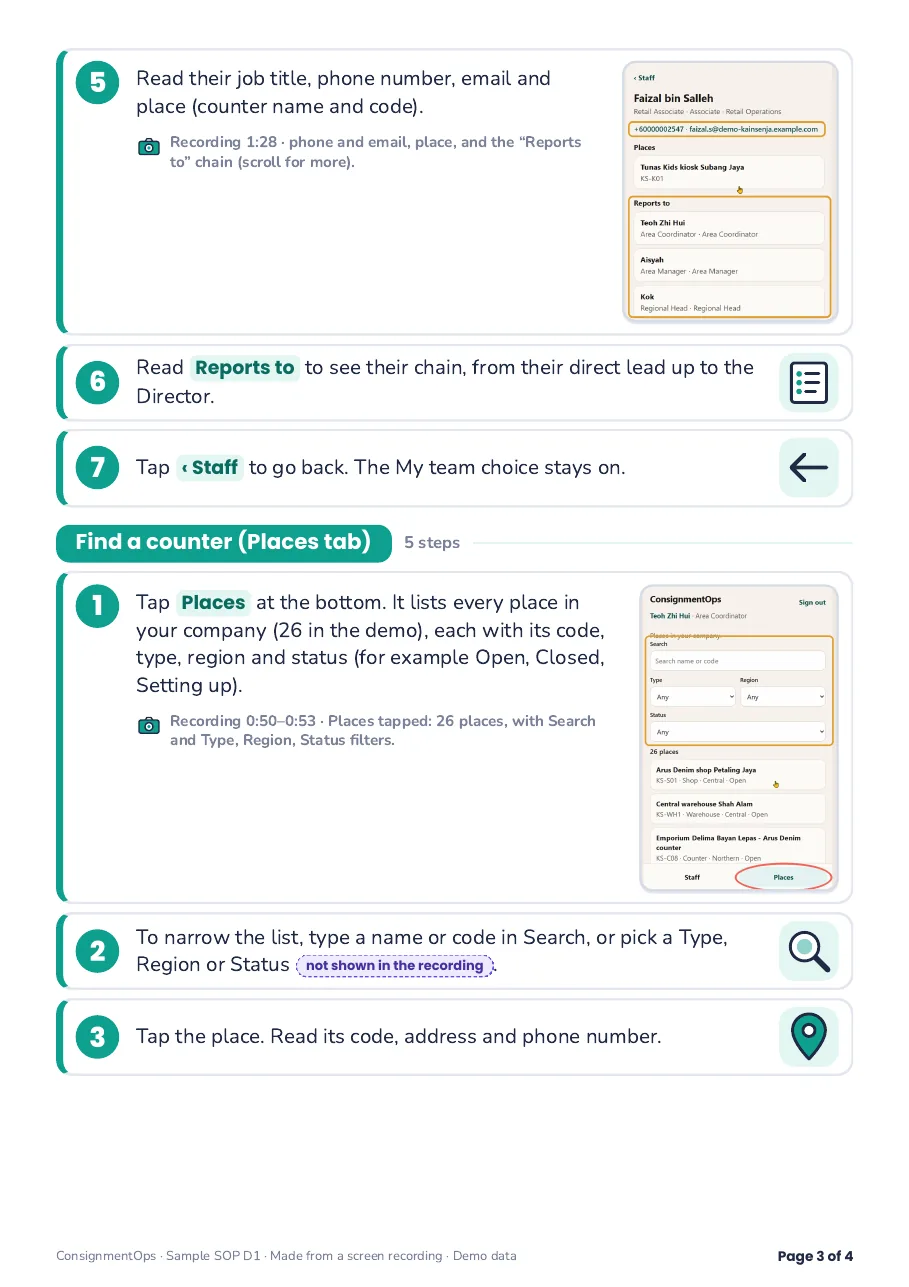 Sample SOP page 3: more steps, with a step flagged as not shown in the recording